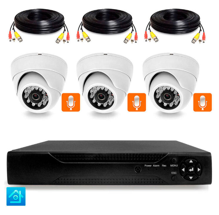 Комплект видеонаблюдения AHD 2Мп KIT-A203HDM 3 камеры с микрофоном для помещения, ночная съемка, датчик движения